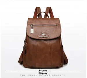 Detailed close-up of brown PU leather backpack featuring a metal kangaroo logo and zip pocket