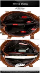 Detailed view of the brown tote bag's spacious interior with multiple storage compartments