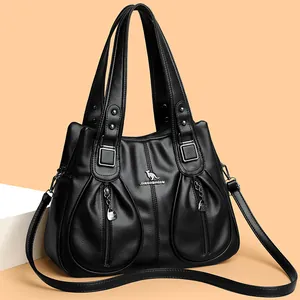 Classic black leather handbag for middle-aged women with large capacity and shoulder strap