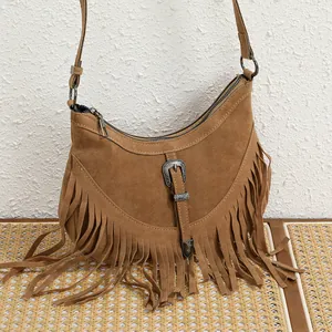 Sac Hobo Femme Rétro Bohème à Franges en Cuir PU Daim Avec Boucle en Métal Sculpté Sac à Épaule Tendance Western