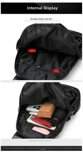 Detailed internal view of black pebble leather bag showing main pocket and zipper compartment
