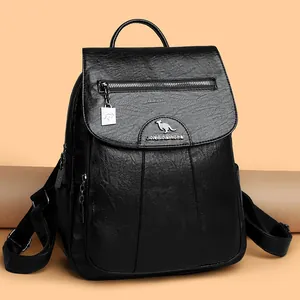 Women's black lychee pattern leather backpack with large capacity and kangaroo logo