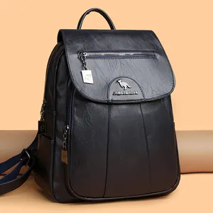 Chic black faux leather backpack with metallic logo and large capacity for travel