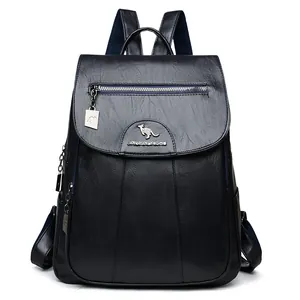Fashionable black faux leather women's backpack with large capacity and front zip pocket