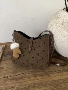 Women Retro Polka Dot Bowknot Woolen Shoulder Bag Minimalist PU Leather Crossbody Bag With Pom Pom Glove Charm Handbag