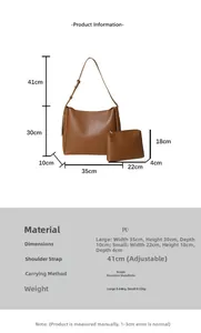 Detailed size chart for brown PU tote and clutch set with adjustable shoulder strap
