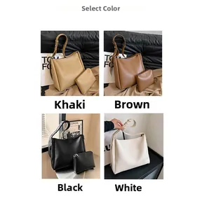 Collage of leather tote bags in khaki, brown, black, and white with small matching pouches