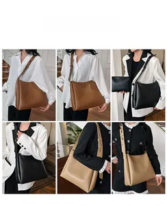 Collage of leather tote bags in brown, black, and beige showing various shoulder carrying styles