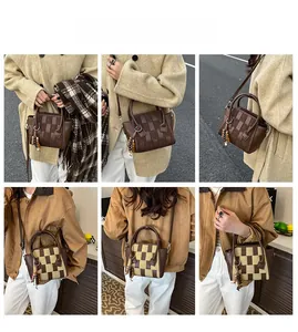 Close-up of woven texture handbags showing crossbody and shoulder carrying styles