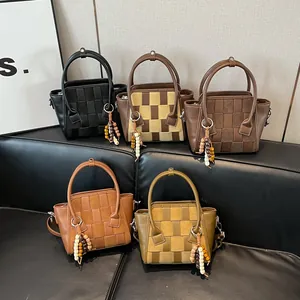 Women Vintage Woven PU Leather Crossbody Bag Checkered Square Handbag With Beaded Charm Retro Shoulder Bag For Daily Use