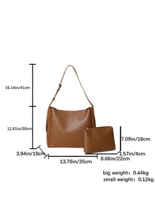 Brown minimalist tote bag and small pouch set with dimension measurements and strap height