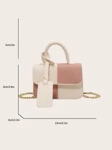 Mini bolso baguette bicolor beige y rosa en piel sintética con cadena de oro y medidas