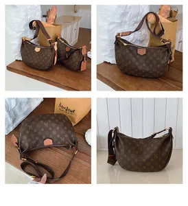 Detailed multi-angle views of brown monogram hobo bag with wide fabric shoulder strap