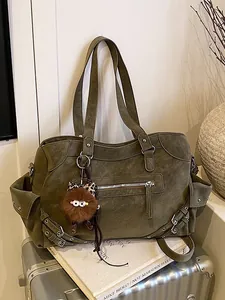 Women Large Capacity PU Leather Tote Bag Vintage Moto Style Multi-Pocket Shoulder Bag With Rivets And Plush Pendant