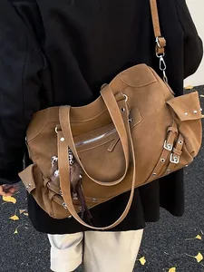 Retro large capacity tote bag in brown suede texture with plush bear charm on shoulder