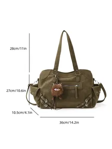 Olive green large capacity tote bag with crossbody straps and dimensions shown