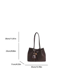 Large dark brown commute tote bag with heart leopard charm and size specifications