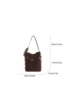 Brown faux leather bucket tote bag with leopard scarf and size dimensions shown