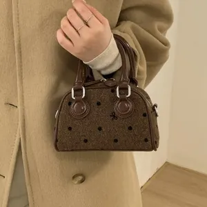 Women Retro Polka Dot Small Square Bag Woolen PU Leather Patchwork Mini Top Handle Crossbody Handbag With Adjustable Strap