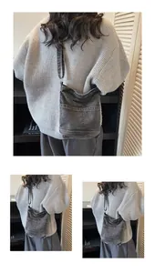 Détail du sac bandoulière en denim délavé gris foncé avec surpiqûres et design de poche