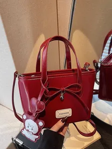 Women Glossy PU Leather Bucket Bag Korean Style Bow Heart Pendant Shoulder Handbag With Cartoon Bear Charm Fashion Daily Bag
