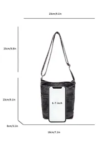 Sac seau en denim avec bandoulière réglable et multiples poches avec dimensions