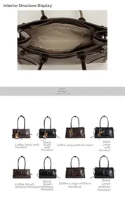 Détail des grands et petits sacs fourre-tout rétro noirs et marron avec poches internes