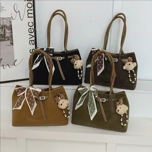 Women Large Tote Bag PU Leather Suede Texture Vintage Casual Handbag With Satin Scarf Bear Charm Shoulder Bag For Work Commute