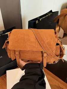 Women Vintage Faux Suede Messenger Bag Retro Buckle Shoulder Crossbody Bag With Adjustable Strap Casual Satchel Bag