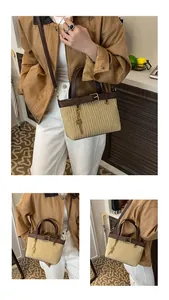 Detailed views of beige pleated bucket bag with brown leather trim and gold hardware