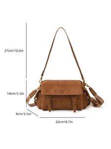 Brown vintage Boston shoulder bag with dual metal buckles and detailed dimensions