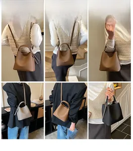 Diverse vedute della borsa a secchiello in pelle da donna in vari colori e modi di indossare