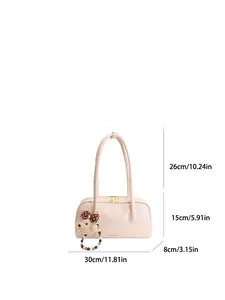 Retro beige leather Boston bag with teddy bear charm and precise dimensions