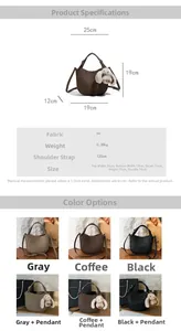 Size chart for PU leather bucket bag showing 25x19x12cm dimensions and color options
