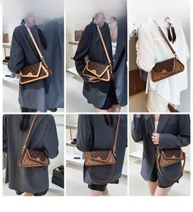 Detailed views of the vintage monogram baguette bag worn by model in a chic indoor setting