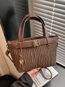 Women's Retro Pleated PU Leather Bucket Bag Minimalist Crossbody Shoulder Bag With Metal Key Pendant Daily Casual Handbag