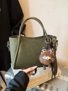 Vintage Women PU Leather Bucket Bag Minimalist Shoulder Crossbody Bag With Plush Monster Pendant Adjustable Strap Daily Tote