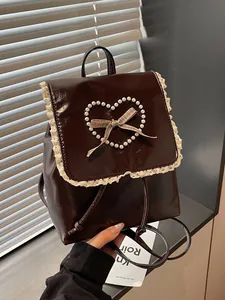 Women's Fashion Small Backpack PU Leather Bag With Lace Edge Artificial Pearl Heart Pattern And Plaid Bow Sweet Lolita Mini Travel Rucksack