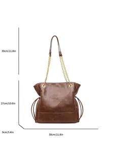 Brown quilted leather bucket tote bag with gold chain strap and size dimensions display