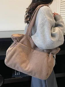Large coffee corduroy tote bag with drawstring side details for trendy daily commute