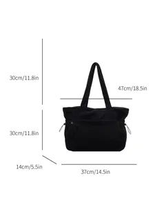 Large capacity black corduroy tote bag with side drawstrings and front pocket