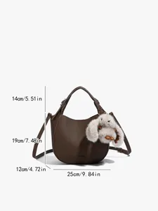 Brown lychee leather bucket handbag with plush rabbit pendant and size dimensions