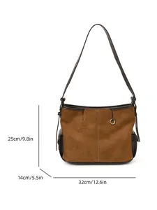 Retro brown suede tote bag with dimensions 32cm width, 25cm height and 14cm depth