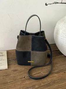 Women's Retro Color Block Suede Look Bucket Bag Contrast Stitching Patchwork Shoulder Crossbody Handbag For Daily