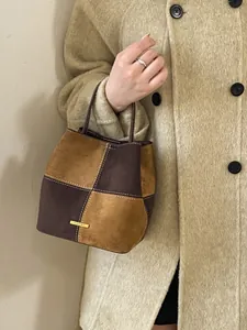 Retro contrast color suede bucket bag in brown and coffee patchwork for women