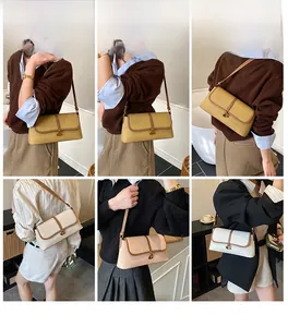 Vue en six volets du mannequin avec sac baguette et boucle en métal doré en forme de C