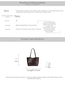 Detailed size specifications for brown PU leather tote bag and inner pouch set