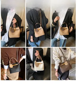 Collage of fashion model outfits featuring the versatile bucket bag in five classic colors