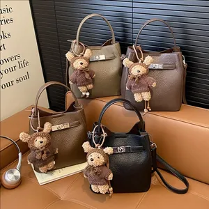 Women's Vintage PU Leather Bucket Bag Lychee Texture Crossbody Shoulder Bag With Metal Clasp Elegant Handbag Daily Travel