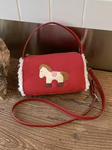 Women Mini Cylinder Baguette Bag Korean Style Pony Embroidery Plush Trim PU Leather Handheld Crossbody Bag Casual Handbag